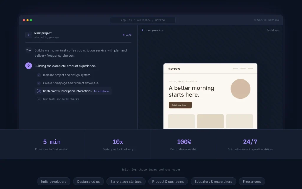 App0 homepage — screenshot of the coding AI tool, Oct 1, 2026