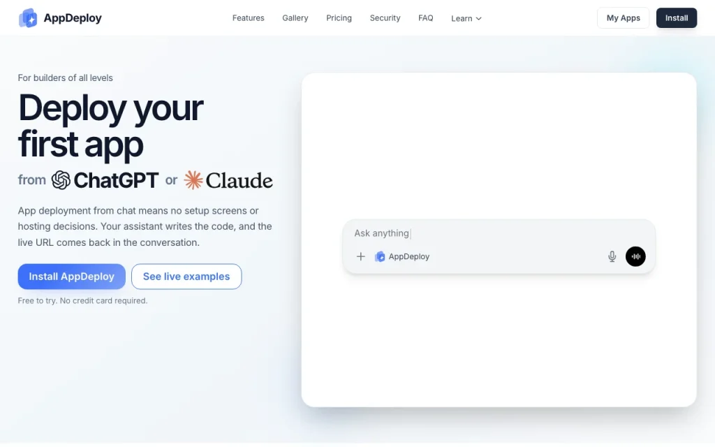 AppDeploy Startseite – Screenshot des KI-Tools coding, Oct 1, 2026