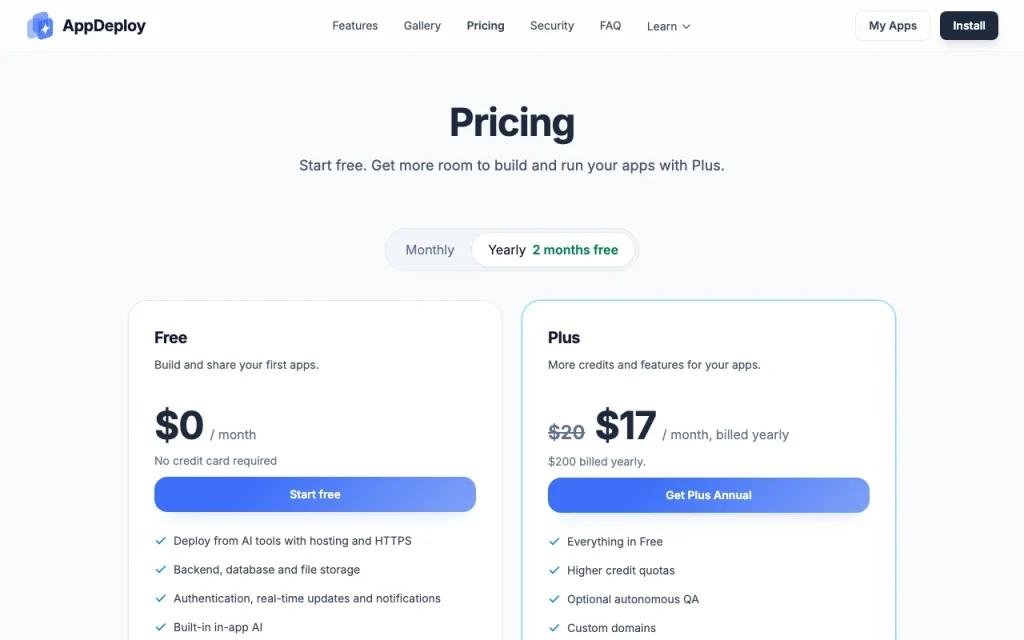 AppDeploy pricing page with plans and prices — screenshot of the coding AI tool, Oct 1, 2026