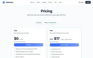 AppDeploy pricing page homepage screenshot, coding AI tool
