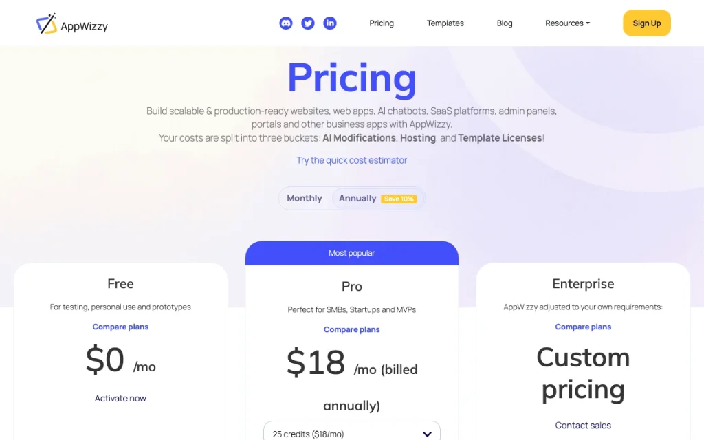 AppWizzy pricing page with plans and prices — screenshot of the coding AI tool, Oct 2, 2026