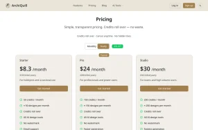 ArchiQuill pricing page with plans and prices — screenshot of the image generation AI tool, 2026-10-02