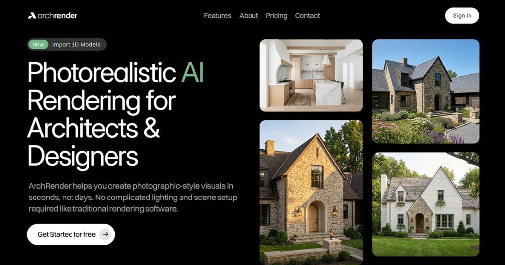 ArchRender homepage screenshot, image generation AI tool