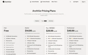 ArchVizr pricing page with plans and prices — screenshot of the image generation AI tool, 2026-10-01