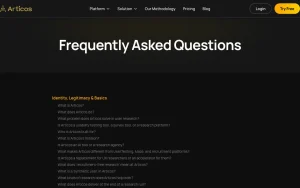 Articos FAQ page — screenshot of the research & search AI tool, 2026-10-02