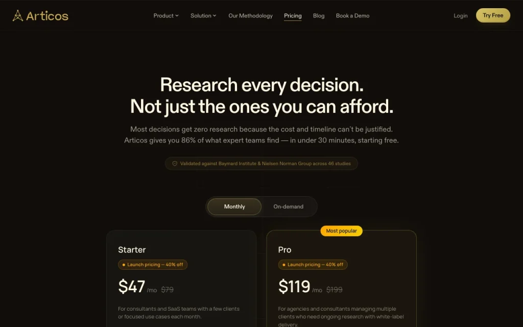 Articos pricing page with plans and prices — screenshot of the research & search AI tool, Oct 2, 2026
