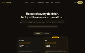 Articos pricing page with plans and prices — screenshot of the research & search AI tool, 2026-10-02