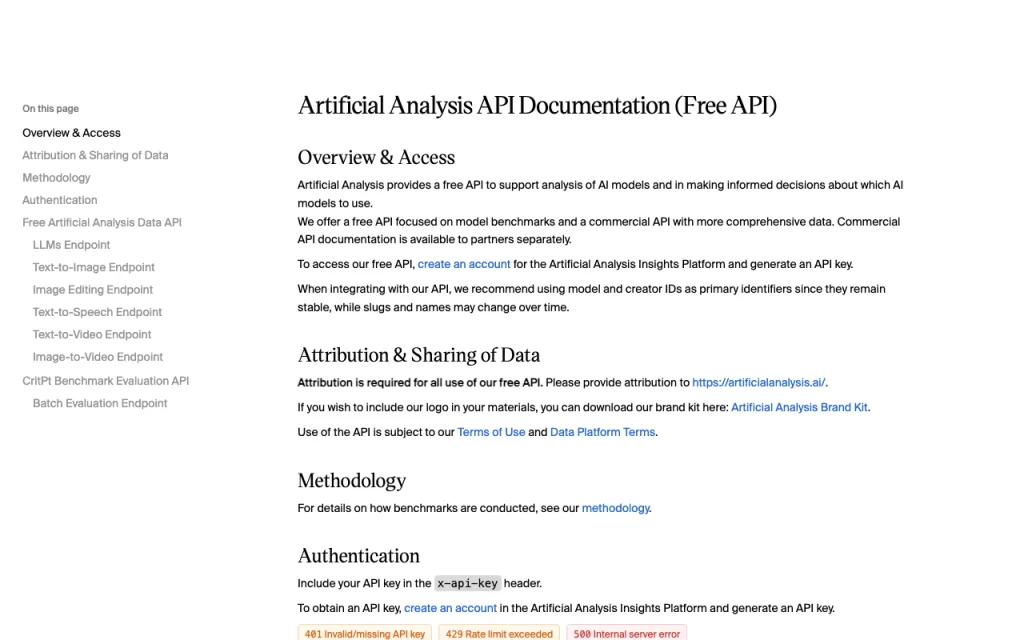 Artificial Analysis Documentación de la API — captura de pantalla de la herramienta de IA investigación y búsqueda, Oct 1, 2026