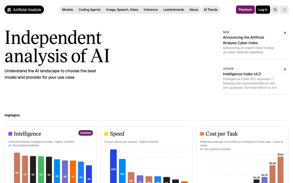 Artificial Analysis page d'accueil — capture d'écran de l'outil d'IA recherche, Oct 1, 2026