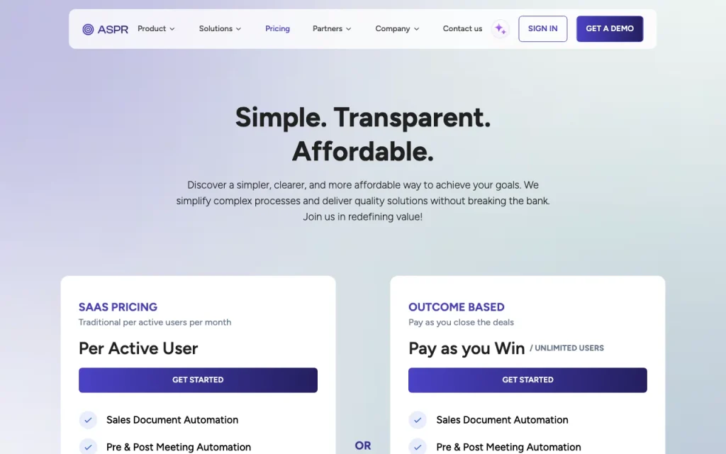 ASPR AI pricing page with plans and prices — screenshot of the productivity & writing AI tool, Oct 2, 2026