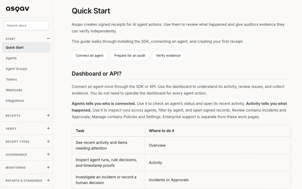 Asqav documentation — screenshot of the productivity & writing AI tool, Oct 1, 2026