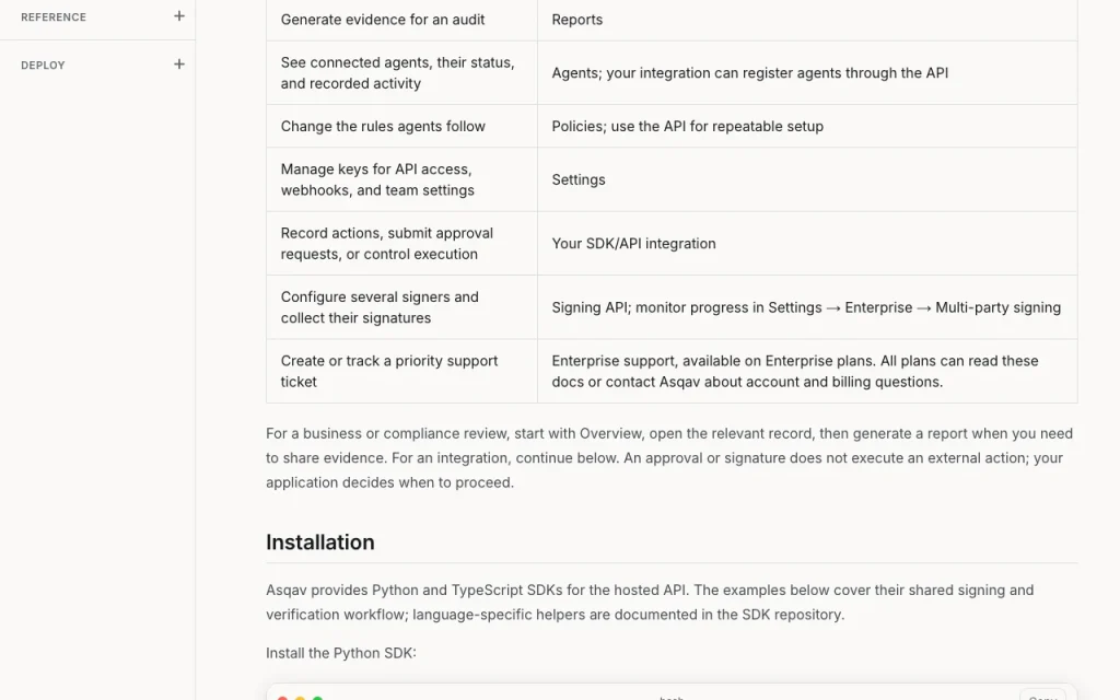 Asqav documentation — screenshot of the productivity & writing AI tool, Oct 1, 2026