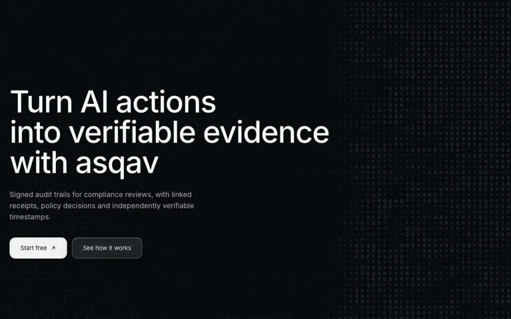 Asqav homepage — screenshot of the productivity & writing AI tool, Oct 1, 2026
