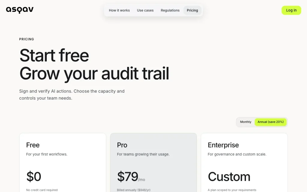 Asqav pricing page with plans and prices — screenshot of the productivity & writing AI tool, Oct 1, 2026