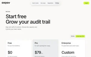 Asqav pricing page homepage screenshot, productivity & writing AI tool