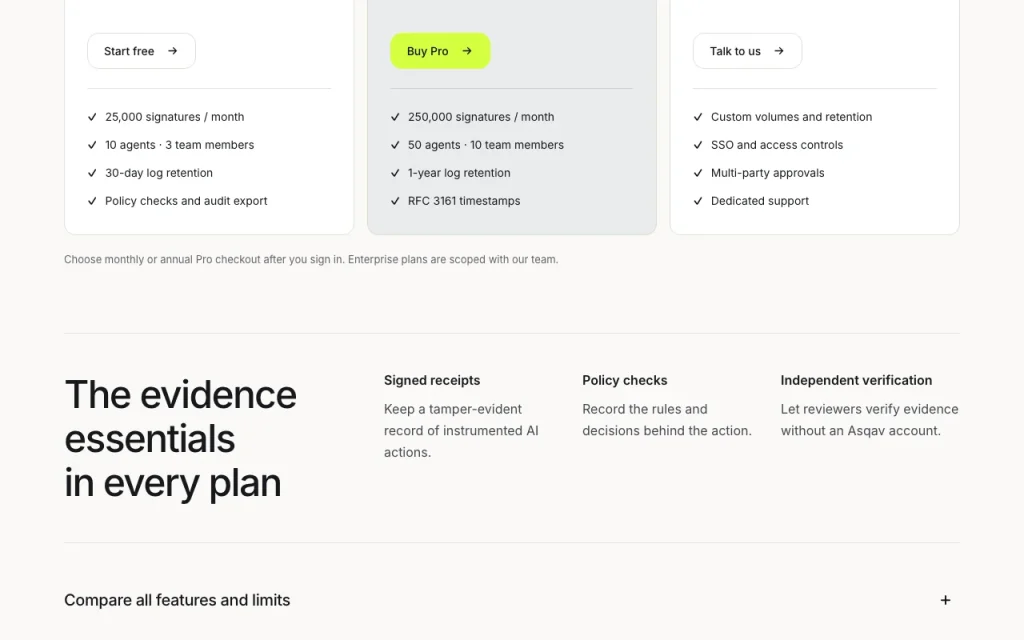Asqav Preisseite mit Tarifen und Preisen – Screenshot des KI-Tools produktivität & schreiben, Oct 1, 2026