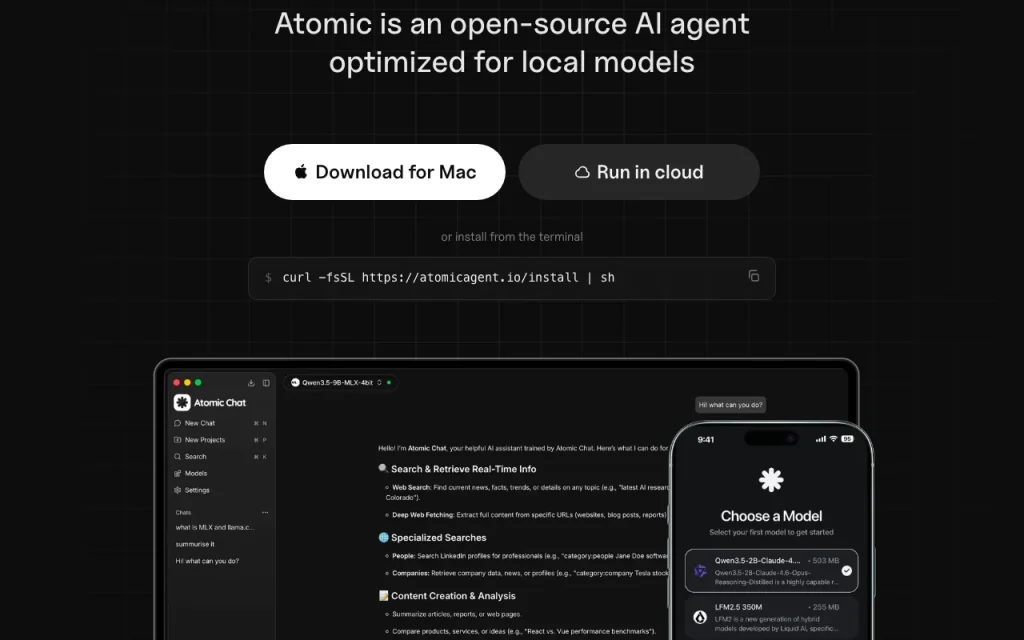 Atomic Chat homepage — screenshot of the chat assistants AI tool, Oct 1, 2026