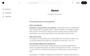 AtomWords about page — screenshot of the image generation AI tool, 2026-10-01