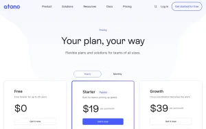Atono pricing page with plans and prices — screenshot of the productivity & writing AI tool, 2026-10-02