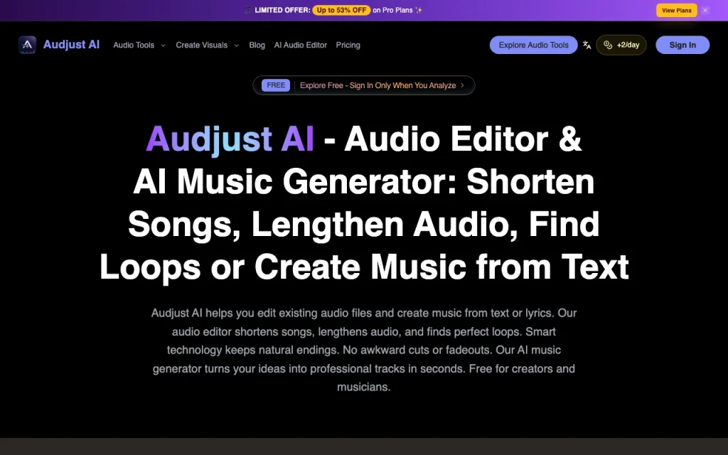 Audjust AI homepage screenshot, audio & voice AI tool