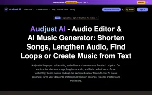 Audjust AI homepage — screenshot of the audio & voice AI tool, 2026-10-01