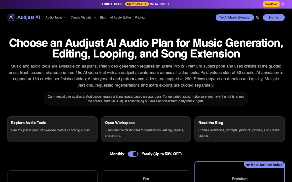 Audjust AI pricing page with plans and prices — screenshot of the audio & voice AI tool, Oct 1, 2026