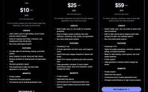 Audjust AI pricing page with plans and prices — screenshot of the audio & voice AI tool, 2026-10-01