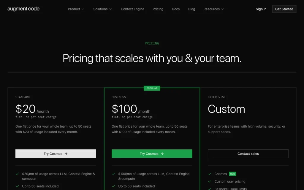 Augment Code pricing page with plans and prices — screenshot of the coding AI tool, Oct 1, 2026