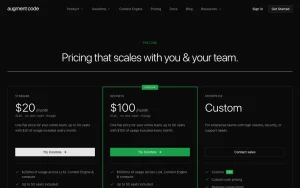 Augment Code pricing page with plans and prices — screenshot of the coding AI tool, 2026-10-01