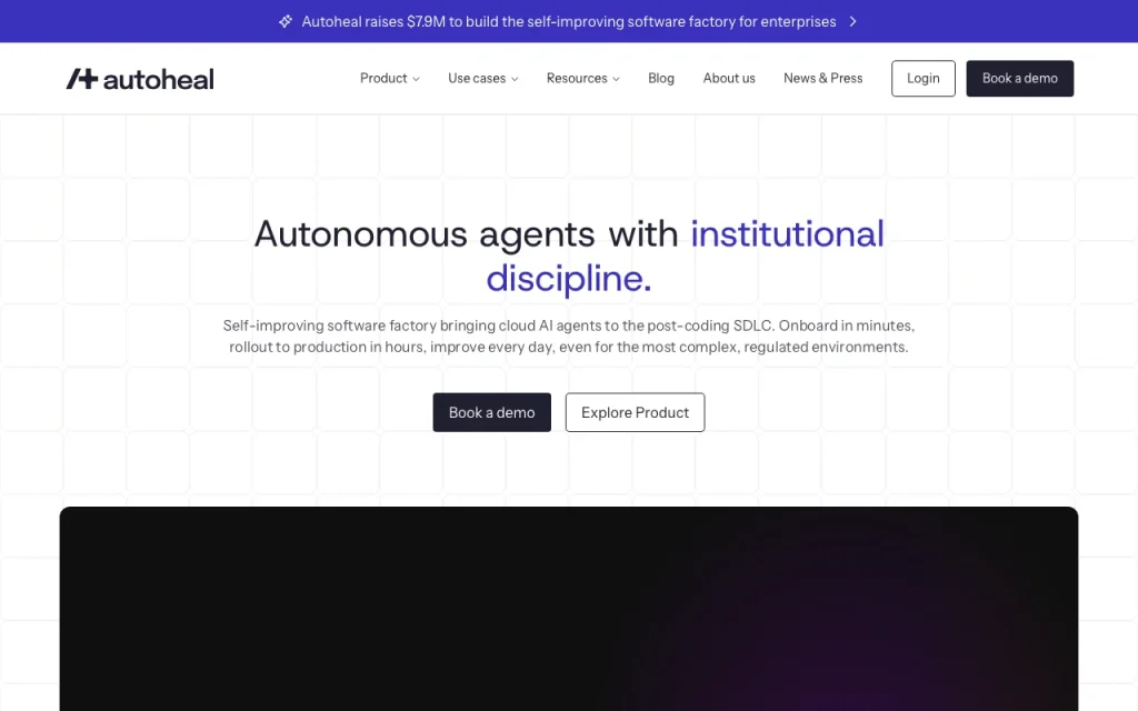 Autoheal page d'accueil — capture d'écran de l'outil d'IA programmation, Oct 1, 2026