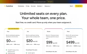 Autohive pricing page with plans and prices — screenshot of the productivity & writing AI tool, 2026-10-02