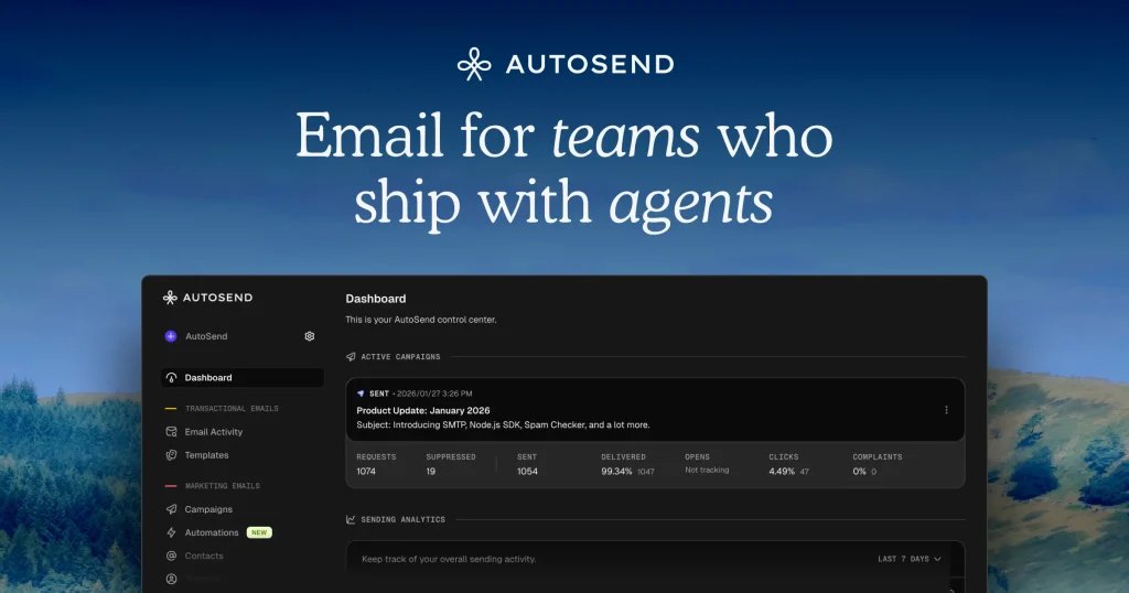 Capture d'écran de la page d'accueil de AutoSend, outil d'IA productivité et rédaction