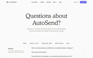 AutoSend FAQ page — screenshot of the productivity & writing AI tool, 2026-10-02