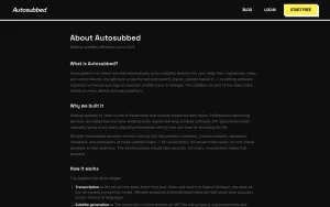 Autosubbed about page — screenshot of the video AI tool, 2026-10-02