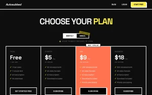 Autosubbed pricing page with plans and prices — screenshot of the video AI tool, 2026-10-02