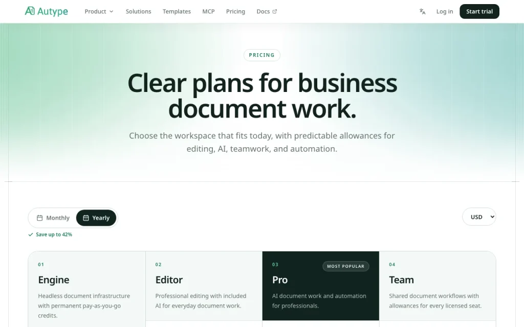 Autype page de tarifs avec offres et prix — capture d'écran de l'outil d'IA productivité et rédaction, Oct 1, 2026