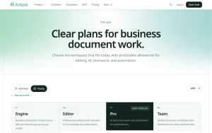 Autype pricing page homepage screenshot, productivity & writing AI tool
