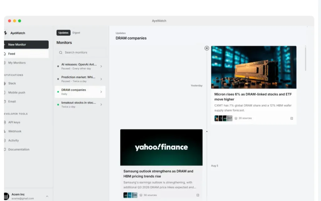 AyeWatch homepage — screenshot of the research & search AI tool, Oct 2, 2026