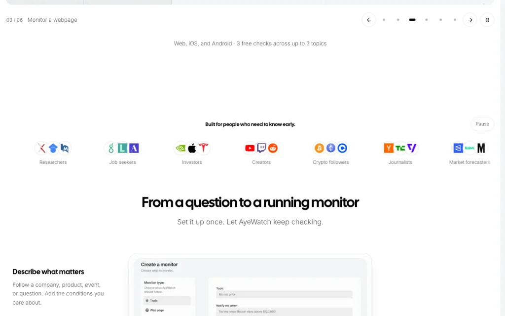 AyeWatch homepage — screenshot of the research & search AI tool, Oct 2, 2026