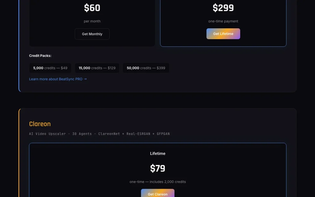 BeatSync PRO page de tarifs avec offres et prix — capture d'écran de l'outil d'IA vidéo, Oct 13, 2026