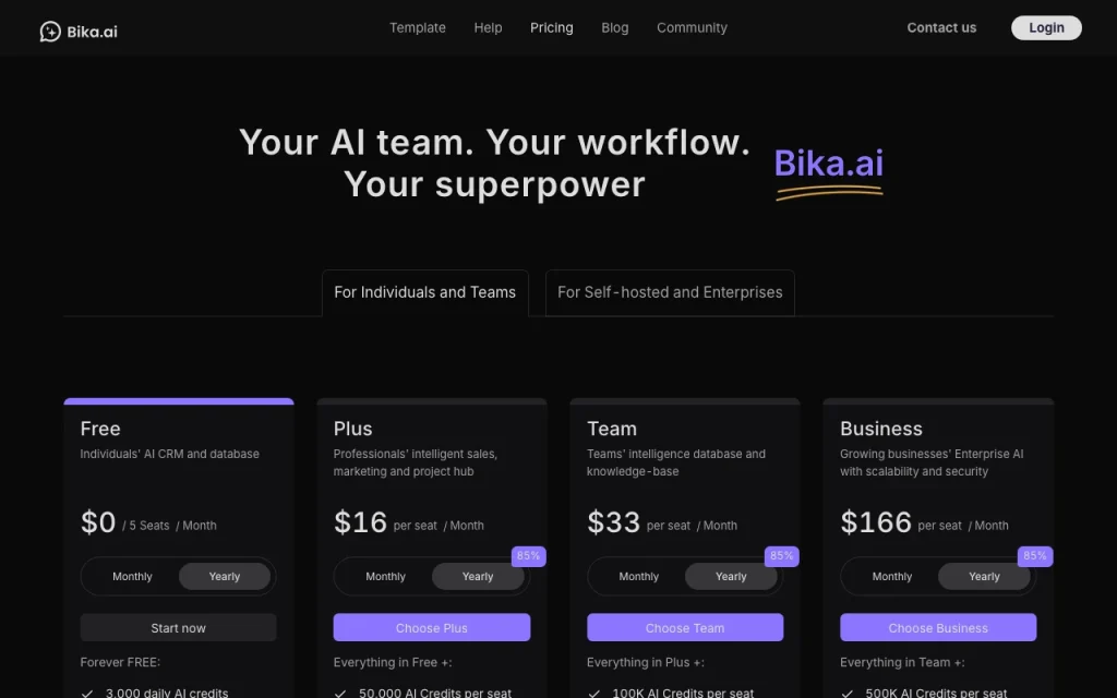 Bika.ai página de precios con planes y precios — captura de pantalla de la herramienta de IA productividad y escritura, Oct 2, 2026