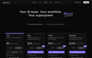 Bika.ai pricing page with plans and prices — screenshot of the productivity & writing AI tool, 2026-10-02