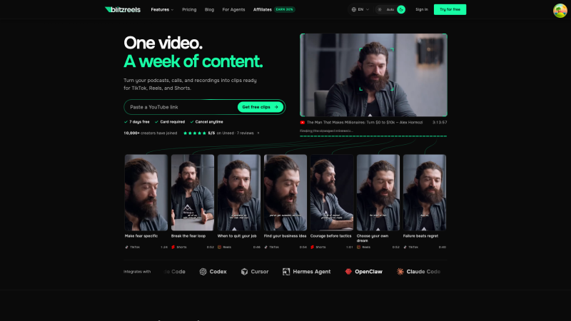 BlitzReels homepage screenshot, video AI tool