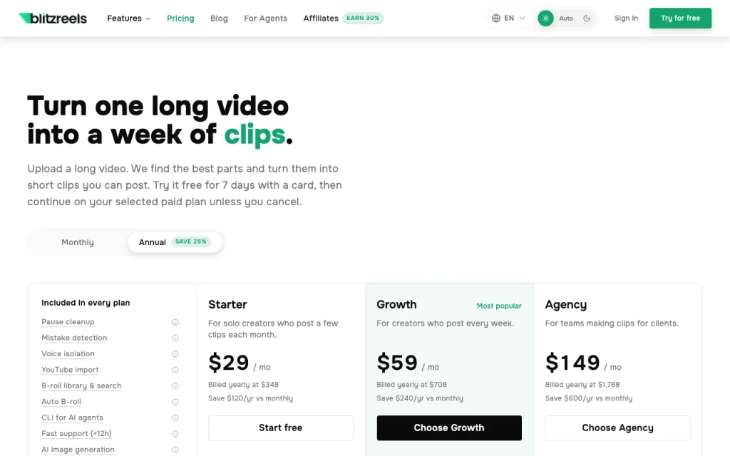 BlitzReels pricing page with plans and prices — screenshot of the video AI tool, Oct 1, 2026