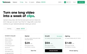 BlitzReels pricing page with plans and prices — screenshot of the video AI tool, 2026-10-01