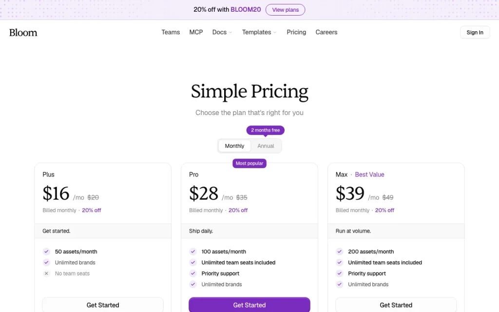Bloom page de tarifs avec offres et prix — capture d'écran de l'outil d'IA génération d'images, Oct 2, 2026