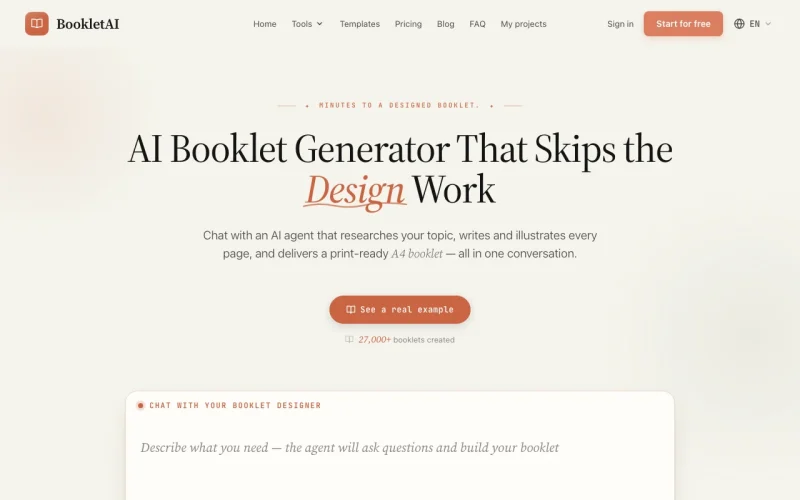 Capture d'écran de la page d'accueil de BookletAI, outil d'IA productivité et rédaction