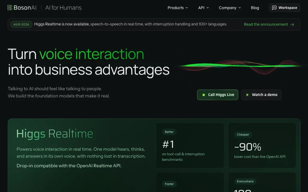 Boson AI (Higgs voice models) Startseite – Screenshot des KI-Tools audio & sprache, Oct 1, 2026