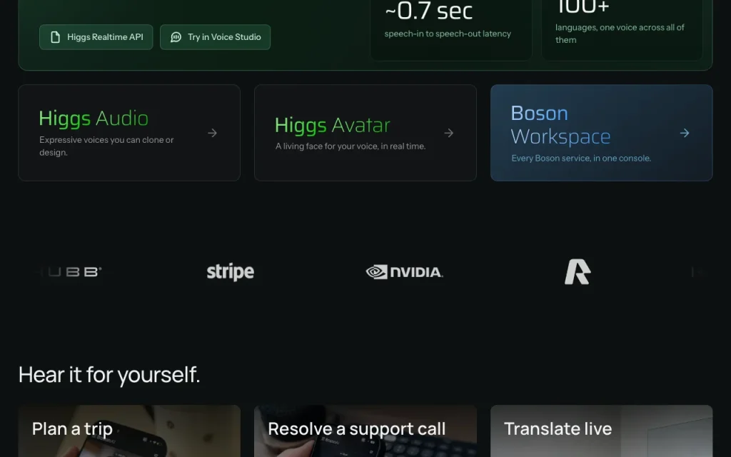 Boson AI (Higgs voice models) Startseite – Screenshot des KI-Tools audio & sprache, Oct 1, 2026