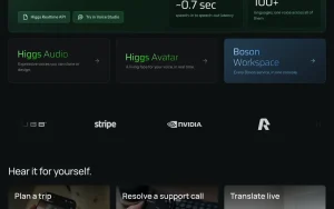 Boson AI (Higgs voice models) homepage — screenshot of the audio & voice AI tool, 2026-10-01